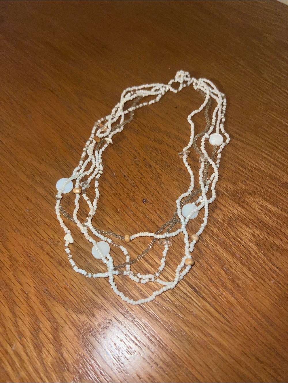 Multi-Strand White Bead Shell Necklace with Opalescent Accents